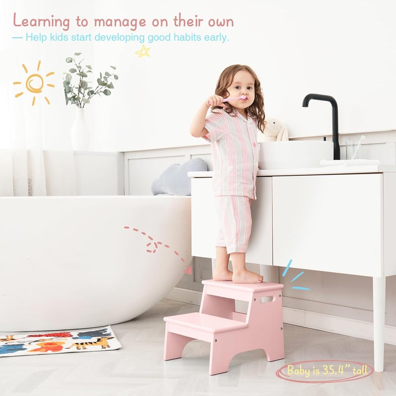 Forbena Pink Girls Toddler Step Stool for Bathroom Sink, Princess Toddler Two Step Stool for Toilet Potty Training, Baby Child Kids Stepping Stool with Handles for Bedroom Classroom Kitchen (Pink) - Image 2